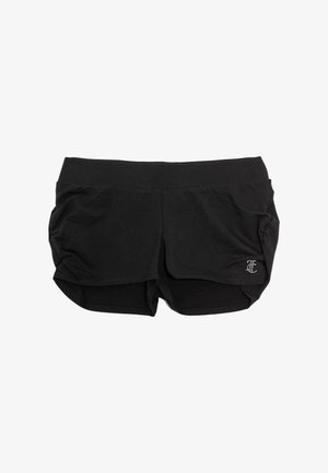 Pantaloncini neri in tessuto plissé con una fascia larga in vita e logo di strass sul lato inferiore destro.