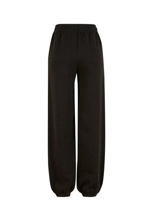 Schwarze Jogginghosen aus weichem Stoff, ausgestattet mit einem elastischen Bund und elastischen Bündchen an den Knöcheln für eine lässige Passform.