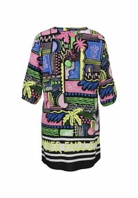 Bunte Tunika mit schwarzem Hintergrund, ausgestattet mit einem tropischen Print in Pink, Grün und Blau. Lockere Passform und 3/4-Ärmel.