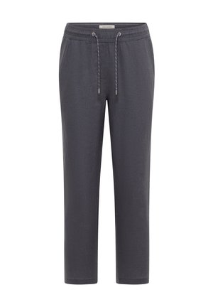 Pantalon décontracté gris foncé avec taille élastique et cordon, coupe droite et texture subtile, adapté à un port décontracté.