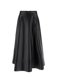 Gonna in pelle nera con una forma svasata, caratterizzata da una texture liscia, cuciture discrete e una chiusura con zip sul retro.
