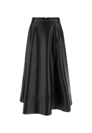Gonna in pelle nera con una forma svasata, caratterizzata da una texture liscia, cuciture discrete e una chiusura con zip sul retro.