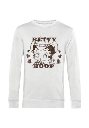 Biała bluza z długim rękawem z nadrukiem przedstawiającym Betty Boop z czarnymi konturami, sercami oraz napisem "BETTY BOOP" w pogrubionej czcionce.