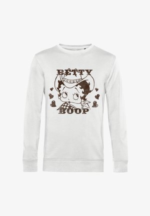 Biała bluza z długim rękawem z nadrukiem przedstawiającym Betty Boop z czarnymi konturami, sercami oraz napisem "BETTY BOOP" w pogrubionej czcionce.