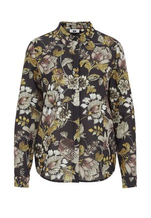 Black floral blouse with long sleeves, featuring a variety of flowers in cream, yellow, and burgundy. Button-down front with collar.