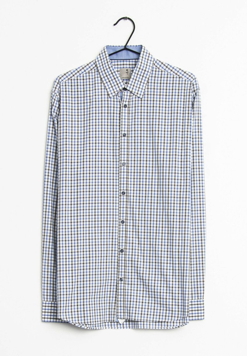 Långärmad rutmönstrad skjorta med ett blått och brunt rutmönster, knapplöst krage och blå knappar på en galge.