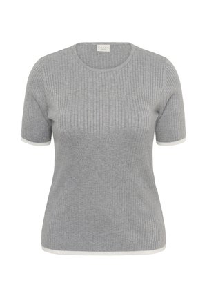 Top gri cu mâneci scurte și dungi, cu un decolteu rotund. Are detalii albe la mâneci și tiv, realizat dintr-un material moale și texturat.