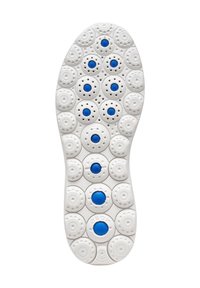 Suela de zapato blanca con patrones circulares, con bultos elevados y acentos azules en el centro de ciertos círculos. Superficie texturizada para un mejor agarre.