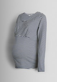 Top de maternidad de manga larga a rayas en azul marino y blanco, con escote en V y detalle de fruncido bajo el busto, diseñado para adaptarse a una barriga en crecimiento.
