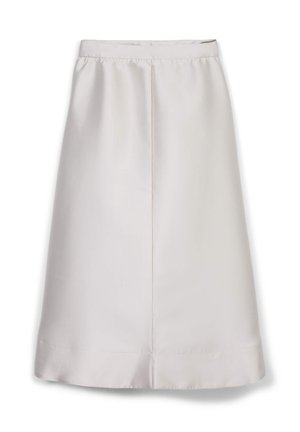 Gonna al ginocchio in satin beige chiaro. Presenta una vita arricciata e una linea dritta con un orlo sottile. Senza pattern o accenti visibili.