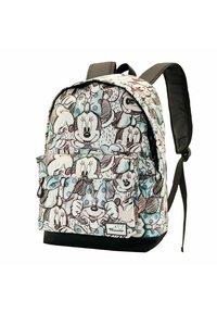 Rugzak met een witte stof met een zwart en blauw cartoonpatroon van figuren. Heeft een voorste zak en een zwarte basis met verstelbare schouderbanden.