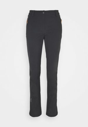 Zwarte broek gemaakt van rekbare stof, met een recht model, zakken aan de voorkant en een subtiele logo op het onderbeen.