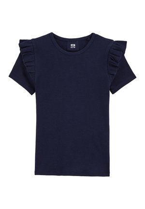 T-shirt bleu marine côtelé à manches courtes, avec des accents froufroutants sur les épaules et un col rond. Design simple, texture douce.