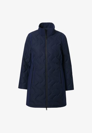 Marineblauer, gesteppter Langjacke mit Stehkragen, Frontreißverschluss, seitlichen Reißverschlusstaschen und subtilem Wellenmuster auf dem Stoff.