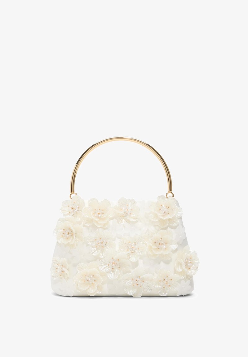 Sac à main blanc décoré de fleurs translucides en 3D et d'une anse circulaire dorée, présenté sur fond blanc.