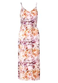 Robe midi sans manches à fines bretelles et motif tie-dye orange, violet et blanc, avec une ceinture fine à la taille.