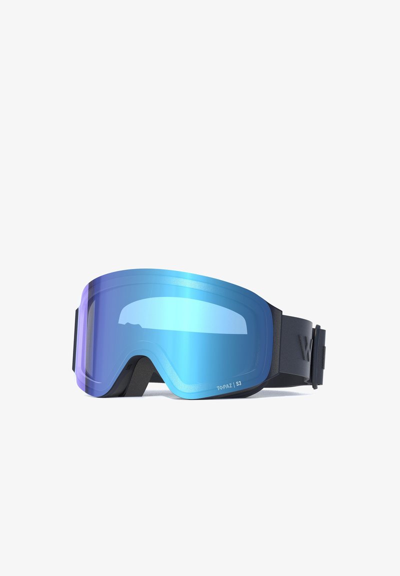 Skibrille mit blau verspiegelt Glas, schwarzem Rahmen und verstellbarem Riemen, mit einem glatten, geschwungenen Design für optimalen Schutz.