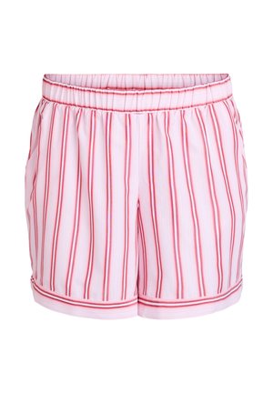 Roosa triibuline lühike püks, millel on püstised punased triibud, elastne vöökoht ja allapoole keeratud serv.