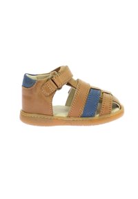 Sandale en cuir tan et bleu, avec des sangles réglables, bout ouvert et semelle en caoutchouc moulée. Tige texturée pour le soutien.