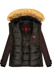 Brown puffer jacket with a detachable fur-lined hood, featuring a zip closure, internal pocket, and ribbed cuffs. Interior is black with padding.