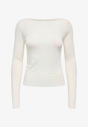 Long-sleeve top in off-white fabric. Features a square neckline and a fitted design, made from a smooth, lightweight textile.