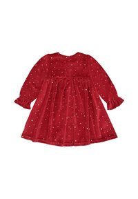 Abito in velluto rosso con maniche lunghe, caratterizzato da una gonna arricciata. Decorato con piccoli motivi a cuore metallici. Chiusura sul retro con bottoni.