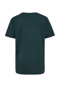 Mørkegrøn kortærmet t-shirt i bomuld med rund hals; glat tekstur, ingen pynt og et enkelt snit.