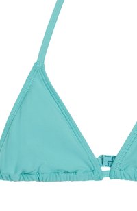 Türkisfarbener Bikini-Oberteil mit dreieckigen Cups, verstellbaren Trägern, gerafftem Detail an der Unterseite und einem sicheren Clipverschluss auf der Rückseite.