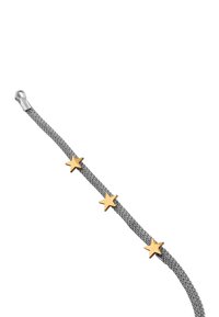 Srebrna bransoletka z siateczki z trzema złotymi akcentami w kształcie gwiazd, z gładkim zapięciem na jednym końcu, prezentująca minimalistyczny design.