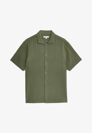 Kortærmet, olivengrøn skjorte med et struktureret mønster, knaplukning og en notch krave. Fremstillet af letvægtsstof.