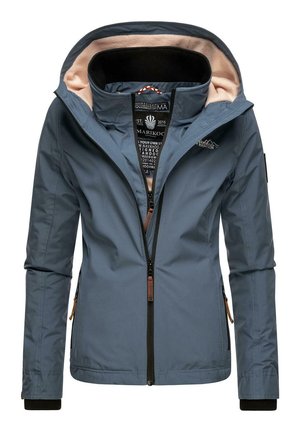 Veste bleue imperméable avec une doublure intérieure beige douce, fermeture éclair à l'avant et capuche ajustable. Présente des logos et des détails en accent marron.