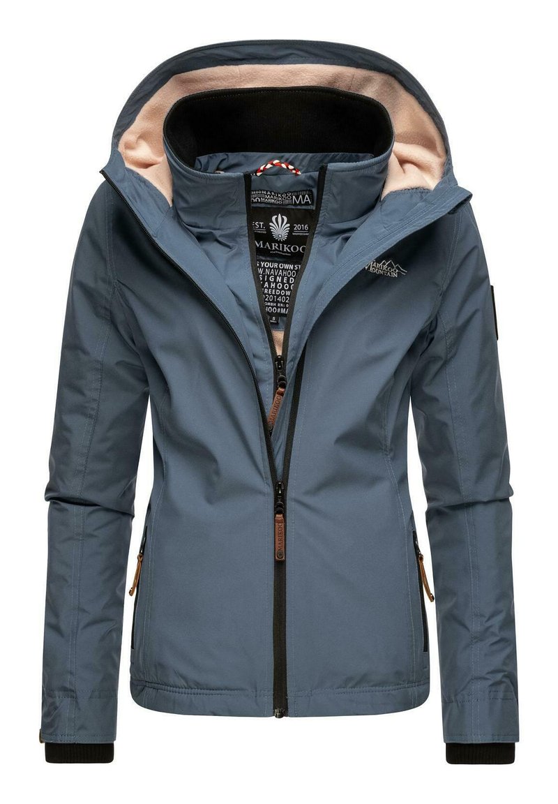 Blue, waterproof jacket with a soft, beige inner lining, front zipper, and adjustable hood. Features logos and brown accent details.
