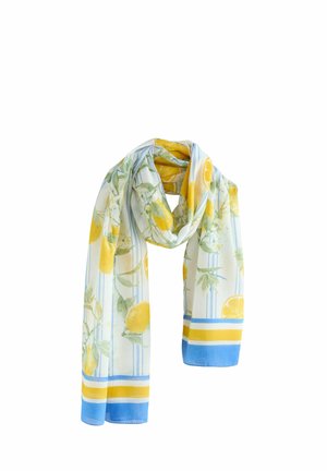 Lightweight, silky scarf featuring a lemon and foliage print, with yellow and blue stripes along the bottom edge.