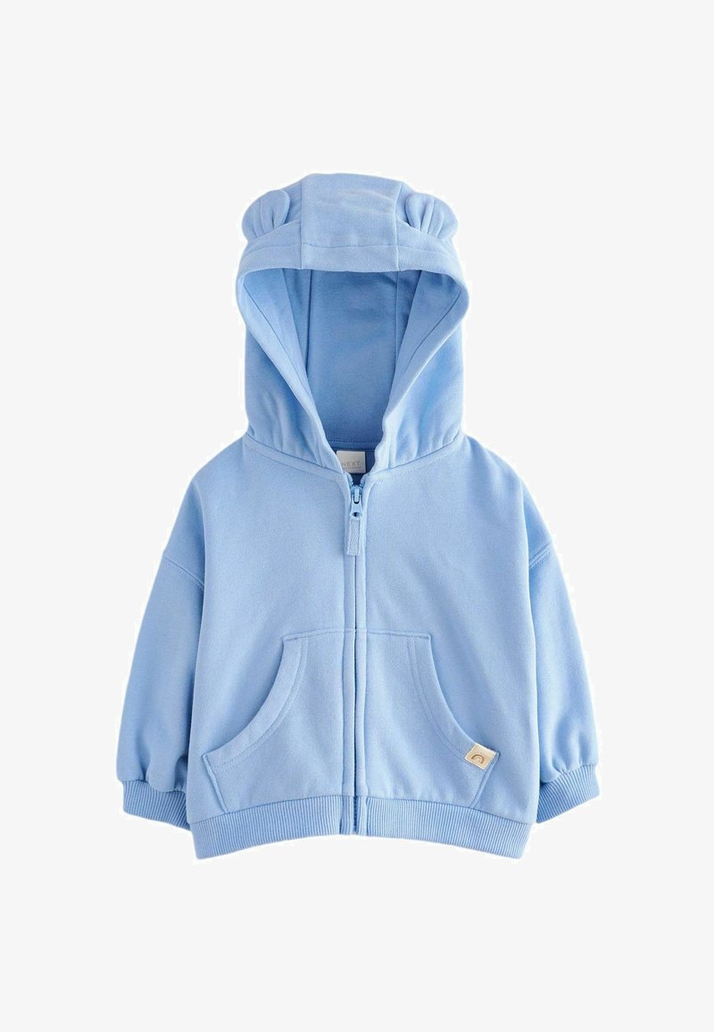 Light blue hooded sweatshirt made of soft fleece. Features a zip closure, two front pockets, and rounded ear accents on the hood.