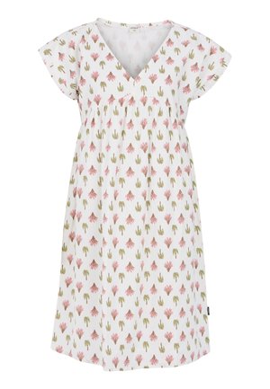 Biele šaty s krátkym rukávom, charakterizované dizajnom v tvare V, z gathered pásom a kvetinovým vzorom v ružovej a zelenej farbe. Vyrobené z ľahkého materiálu.