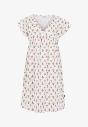 Biele šaty s krátkym rukávom, charakterizované dizajnom v tvare V, z gathered pásom a kvetinovým vzorom v ružovej a zelenej farbe. Vyrobené z ľahkého materiálu.