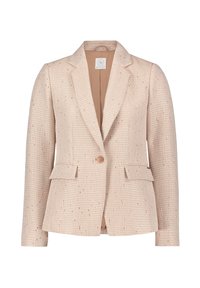 Blazer a zigzag rosa chiaro con rever, due tasche anteriori, chiusura con un bottone e tessuto testurizzato. L'interno presenta una fodera beige.