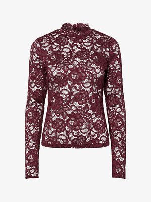 Burgunderfarbene Spitzenbluse mit langen Ärmeln und hohem Kragen, die florale Muster und ein transparenter, strukturierten Look aufweist.