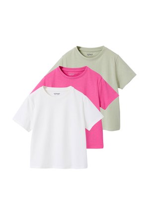 Three plain short-sleeve crew neck t-shirts layered, in white, bright pink, and light olive green, displayed on a white background.