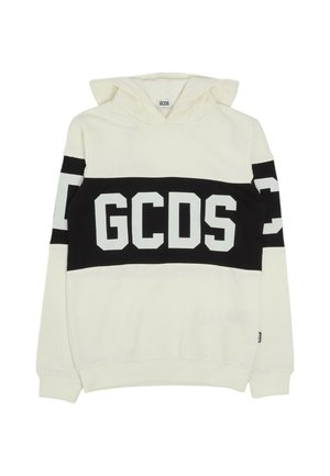 Kapuzenpullover in Creme mit einem schwarzen Band über der Brust. Auffällige weiße Buchstaben "GCDS" prominent angezeigt. Weicher Stoff, lockere Passform.