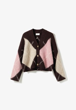 Bruine, roze en beige argyle-patroon cardigan met een cropped ontwerp, voorzien van een V-hals, lange mouwen en drie knopen aan de voorkant.