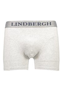 Boxer shorts grigi con una texture morbida e una vasta cintura elastica grigia scura con la scritta "LINDENBERGH" stampata in blu.