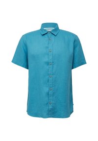 Korteblogger overhemd met knopen in aqua blauwe linnen stof, met een kraag en bruine knopen langs de voorkant, gladde textuur.