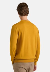 Maglione giallo senape lavorato a maglia con scollo rotondo, maniche lunghe e polsini a coste. Texture liscia, silhouette aderente e dettagli minimali.