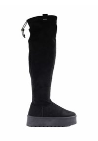 Czarne, do kolan sięgające botki z miękkiego zamszu z mocną platformą. Posiadają sznurówkę na górze do regulacji.