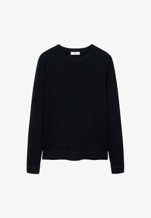 Maglione nero a costine con maniche lunghe, scollatura rotonda e una sottile texture. Le maniche e l'orlo chiusi aggiungono un tocco di struttura al design.