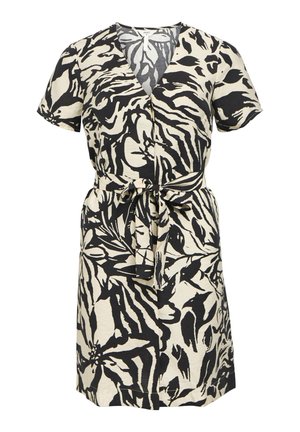 Šaty s krátkym rukávom v krémovej farbe s čiernym abstraktným vzorom listov, s V-výstrihom a s opaskom na viazanie v páse.