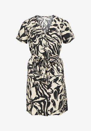 Šaty s krátkym rukávom v krémovej farbe s čiernym abstraktným vzorom listov, s V-výstrihom a s opaskom na viazanie v páse.