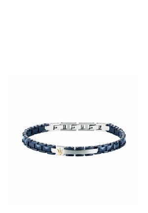 Bracciale a catena blu scuro e argento con una piastra rettangolare in argento con un piccolo emblema dorato a forma di tridente.