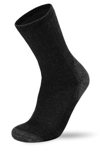 Schwarze, gerippte Socke in mittlerer Höhe, mit weichem Material und verstärkten Fersen- und Zehenbereichen. Schlichtes Design ohne zusätzliche Muster oder Akzente.